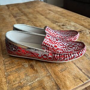 Moschino logo-print leather driving loafers in red and silver size 38